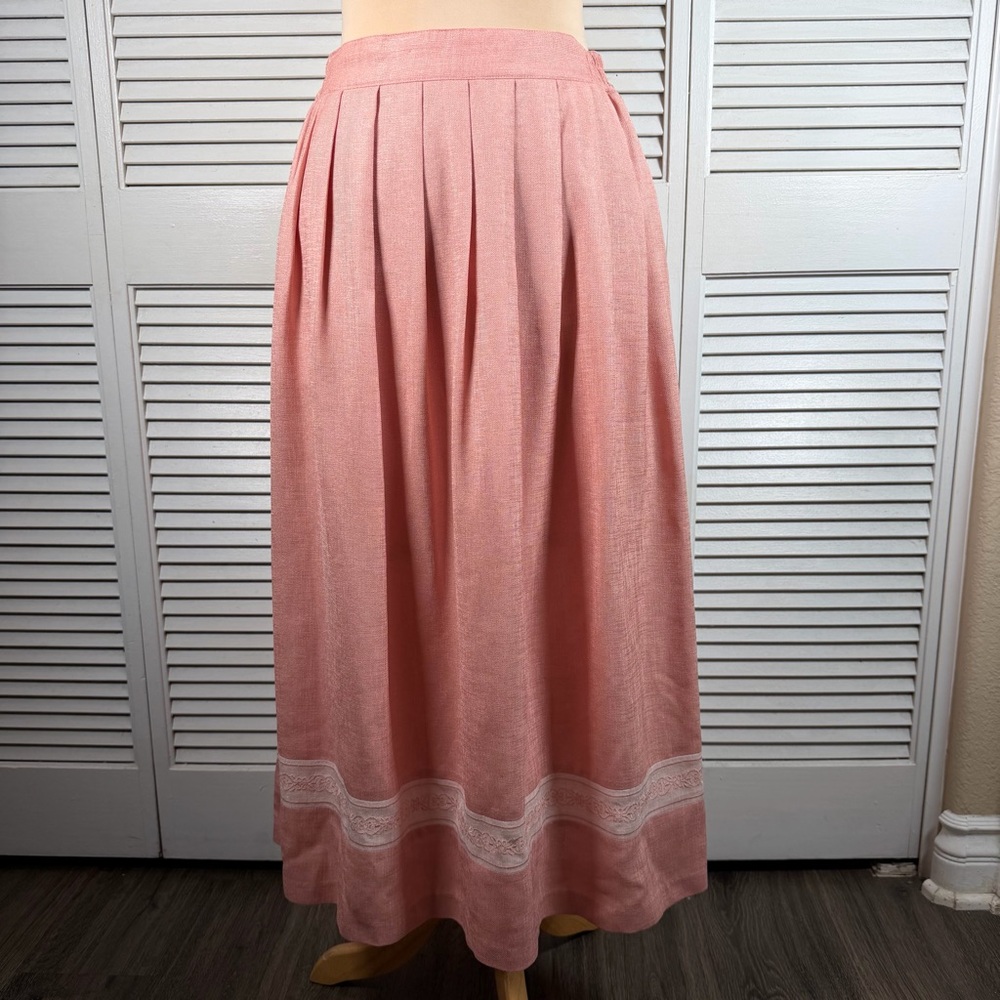 Korean Pink Pleated Midi Skirt Boho‎ Elastic Waist Pockets.
